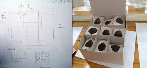 用薄纸板(三种)及薄纸,制作可放9个玻璃杯的包装盒
